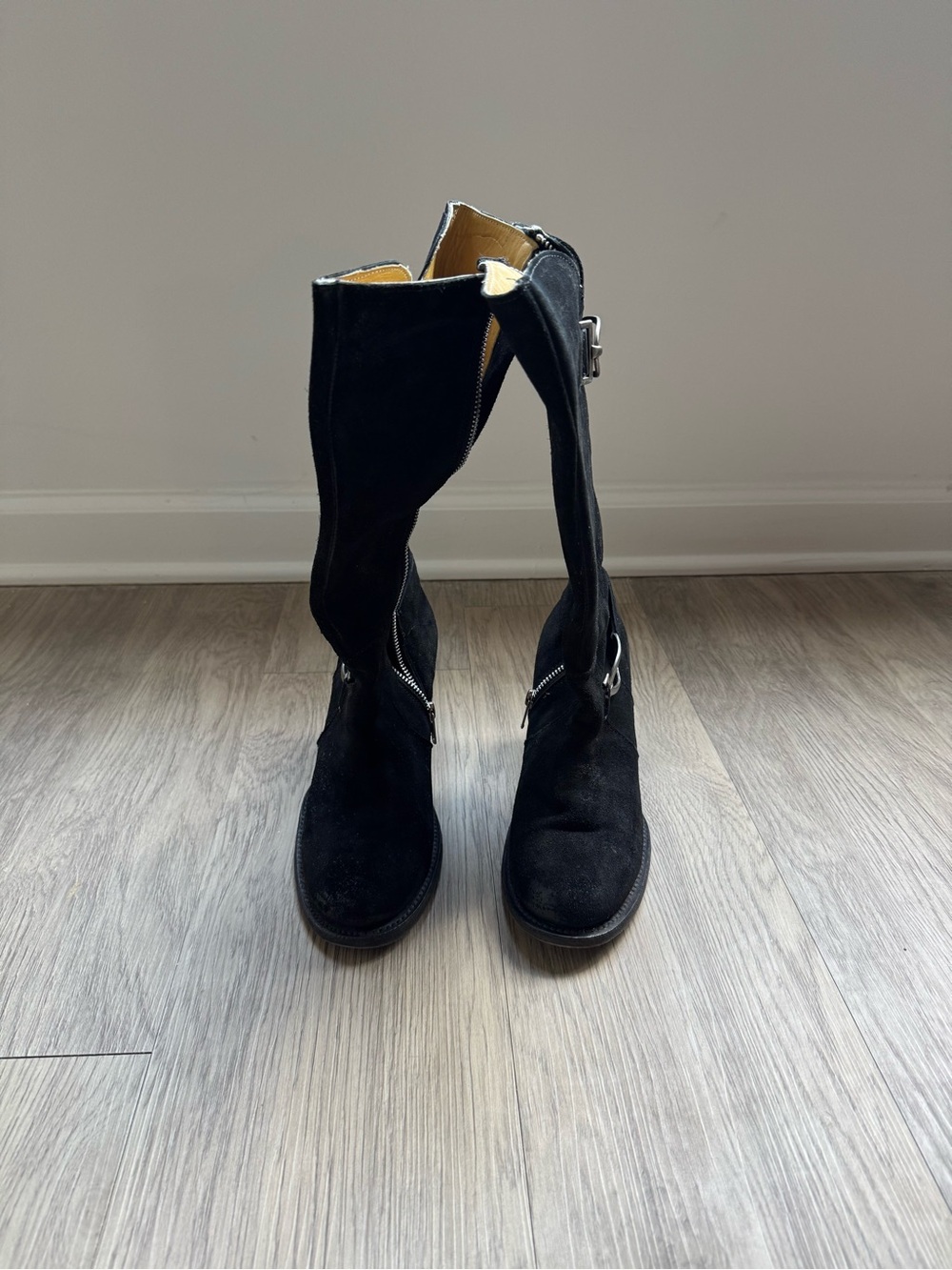 Bed Stu Black Distressed Suede Mid-Calf Buckle Zip Boots
